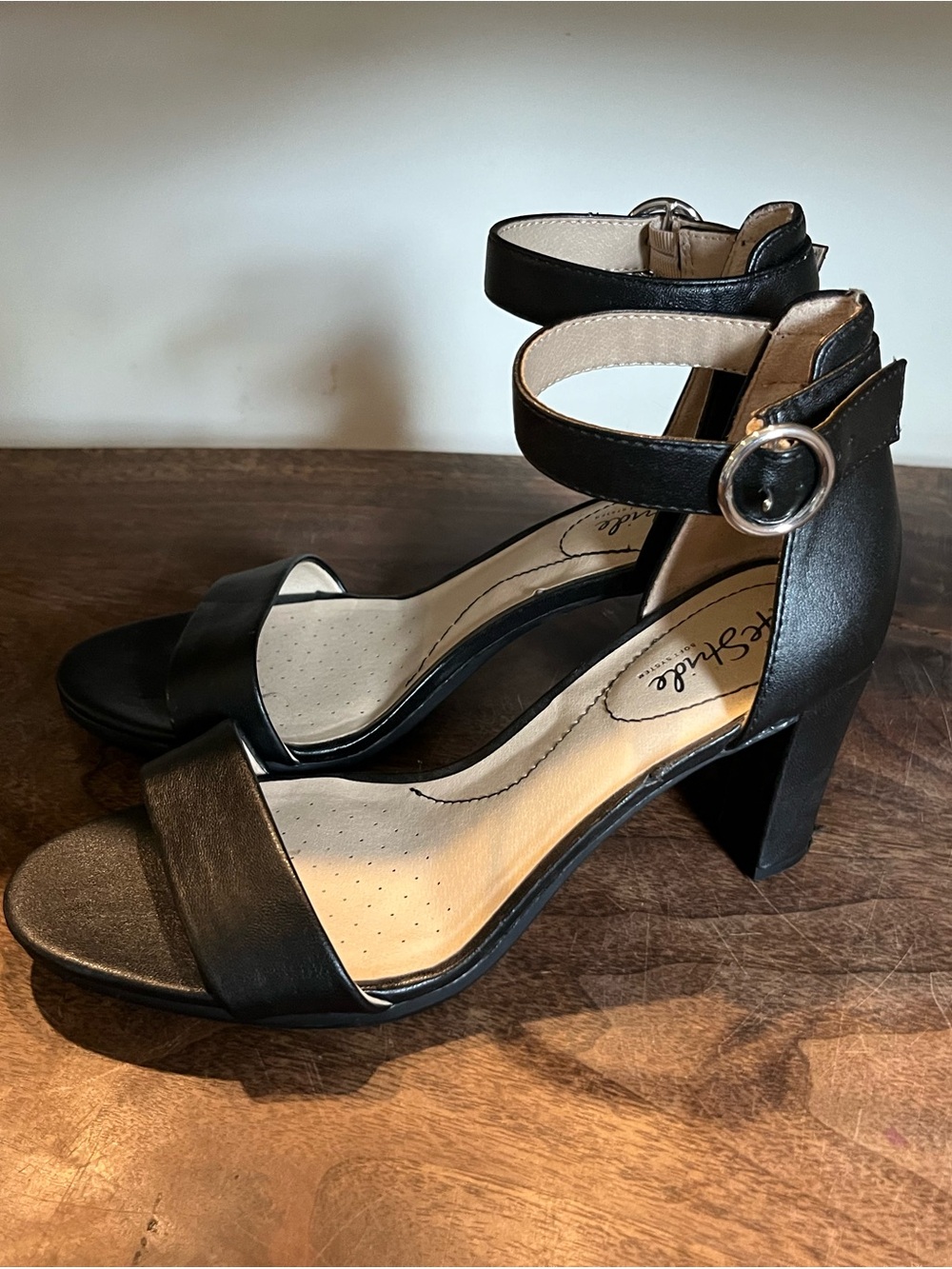 Life Stride Black Ankle-Strap Dress Block Heels 8W